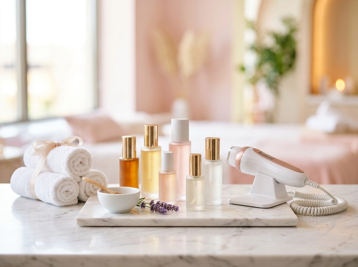 Produtos de skincare e toalhas na bancada da clínica
