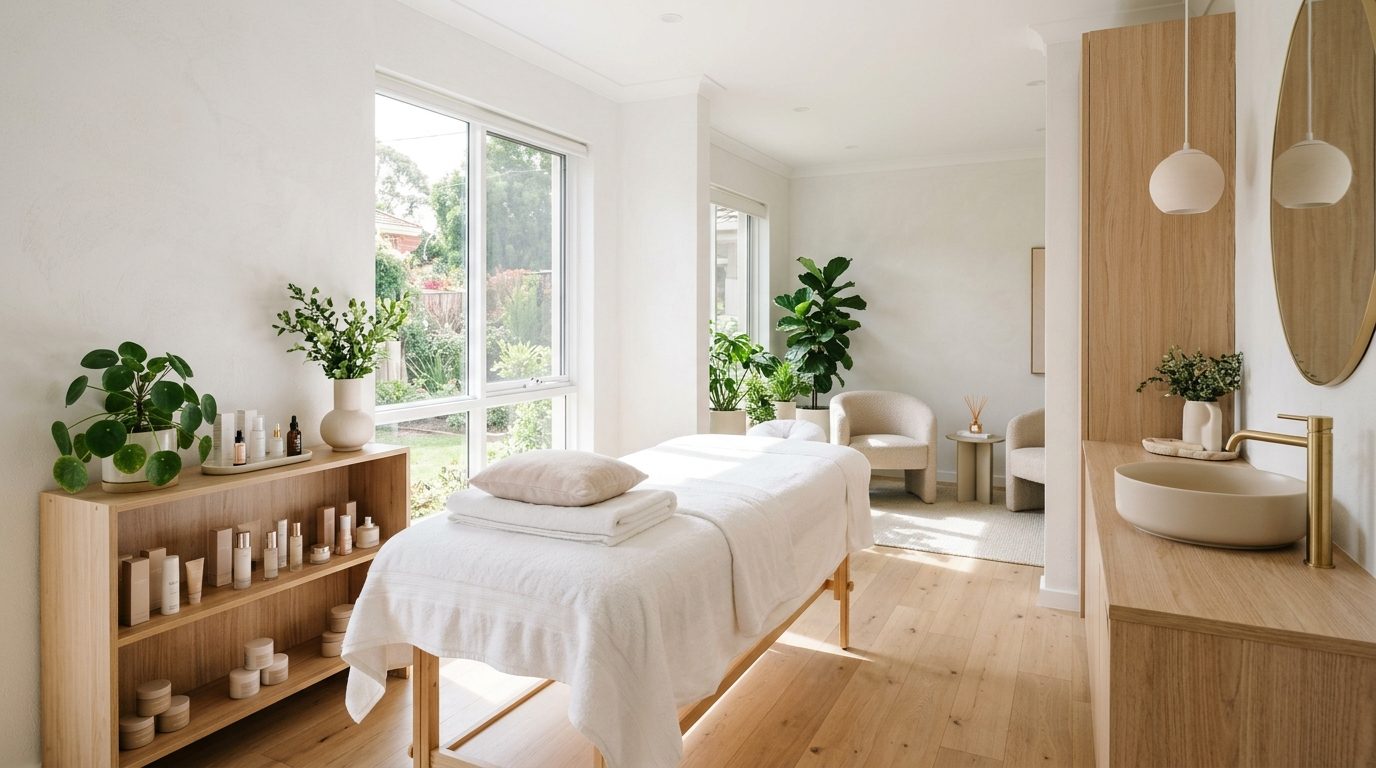Sala de estética clara com maca, plantas e luz natural